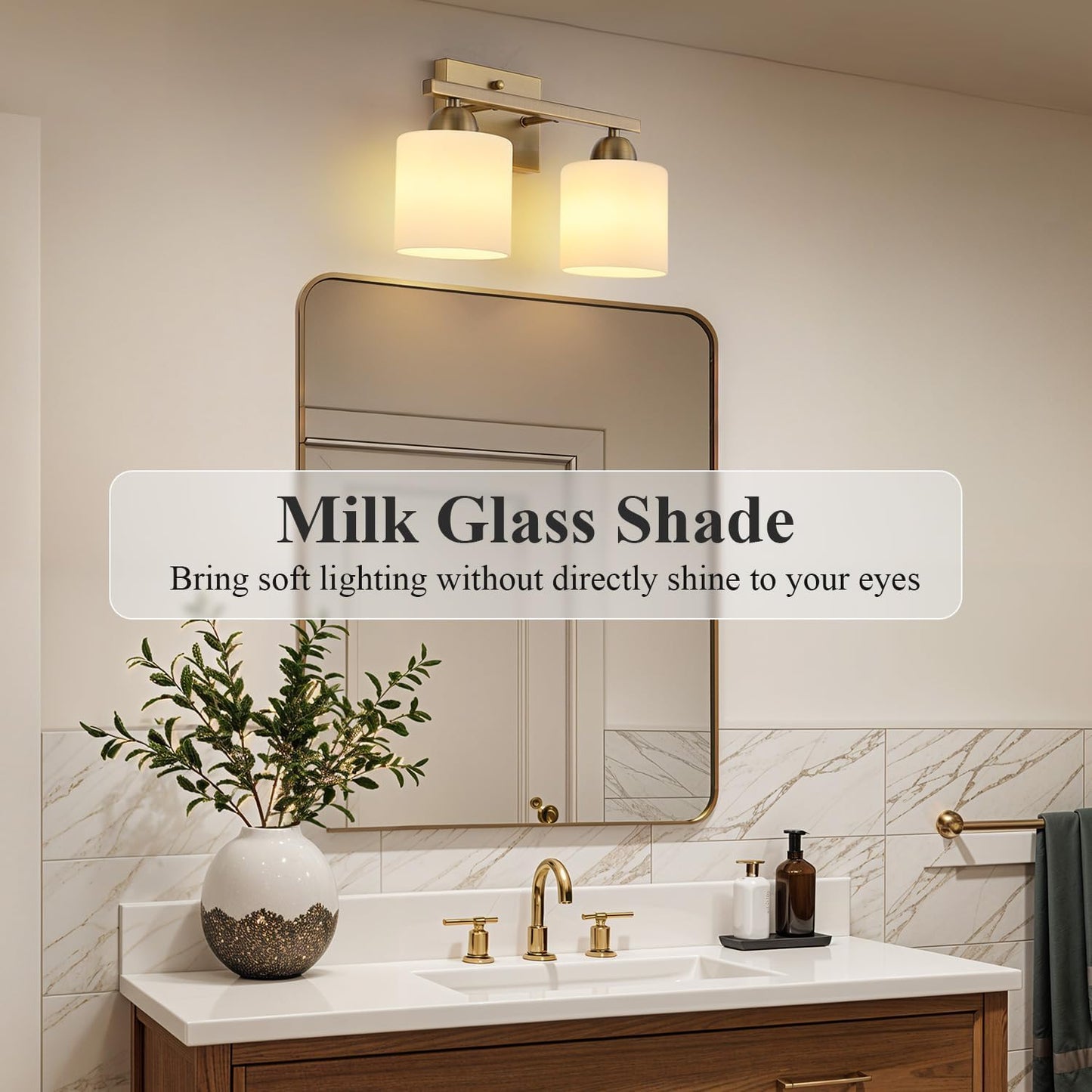 Stainless Steel Milk Glass Vanity Lights for Bathroom, 2 Light Brass Bathroom Light Fixtures Over Mirror, Ceramic E26 Sockets Wall Mounted