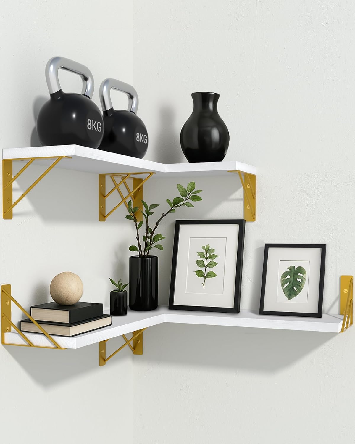 BAYKA Wall Shelves for Bedroom Decor, Floating Wall Shelves for Living Room Kitchen Storage, Wall Mounted Rustic Wood Shelves for Kids Books, Corner Shelf for Bathroom(White and Gold，Set of 4)