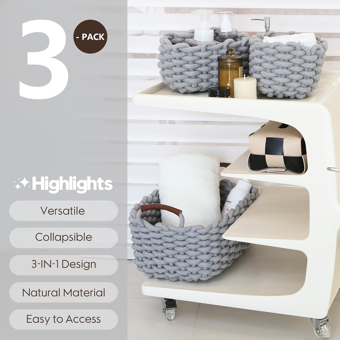 Sea Team 3-Pack Rectangle Woven Cotton Rope Storage Baskets with Handles, Shelf Basket, Closet Organizers, 3-in-1, Gray