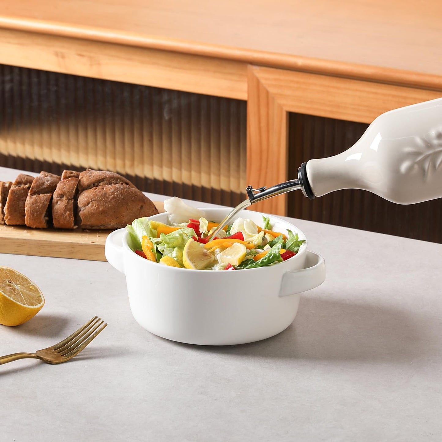 Sweejar Large Olive Oil Dispenser Bottle with Spout, 24 Oz Ceramic Oil Dispenser for Kitchen, Relief Opaque Cruet, Container for Cooking, EVOO, Vinegar, Pack of 1 (GradientFogGray)