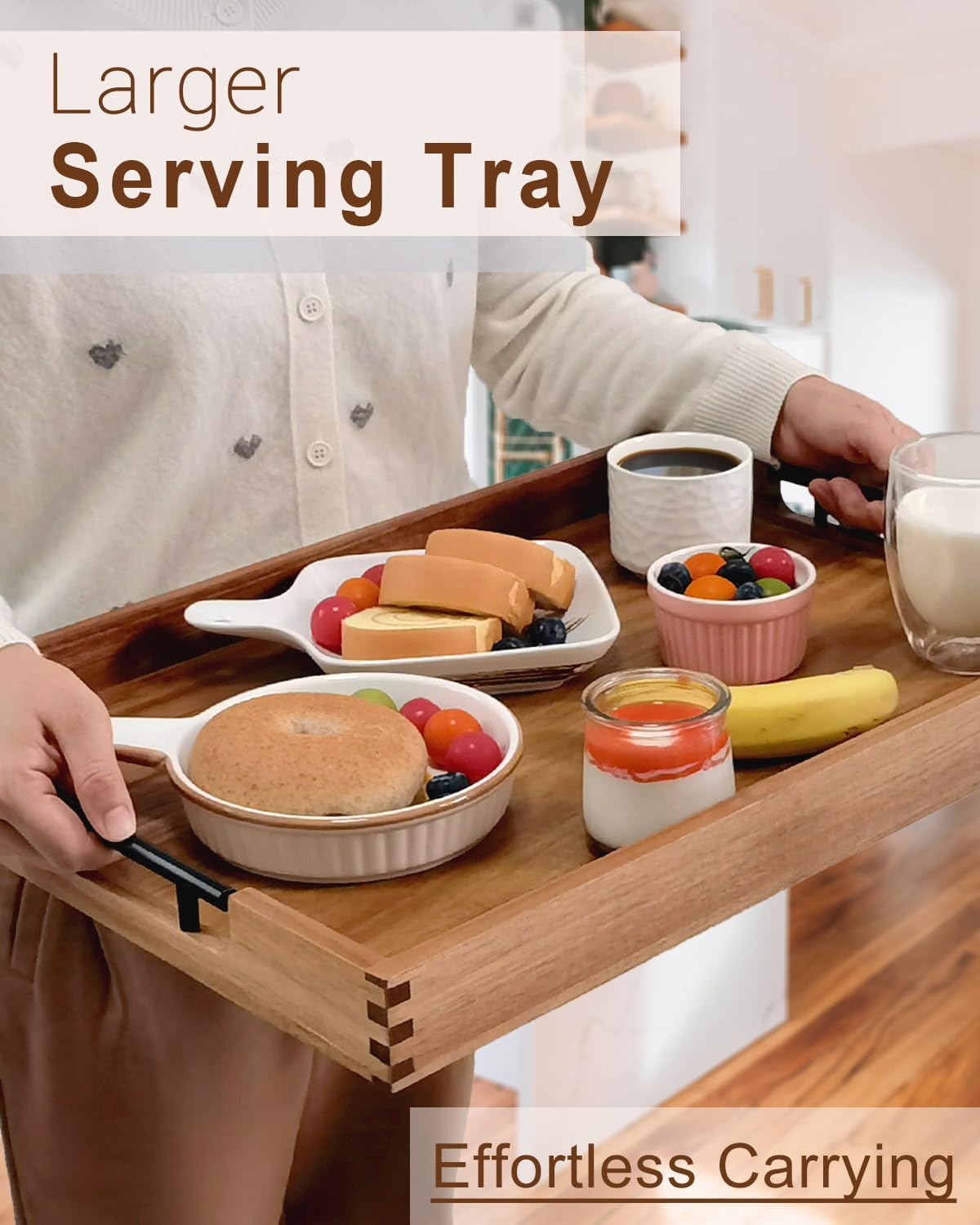 22 Inches Acacia Wood Serving Tray with Metal Handles, Large Wooden Rectangle Ottoman Tray, Decorative and Durable Design for Living Room Coffee Table Couch Kitchen