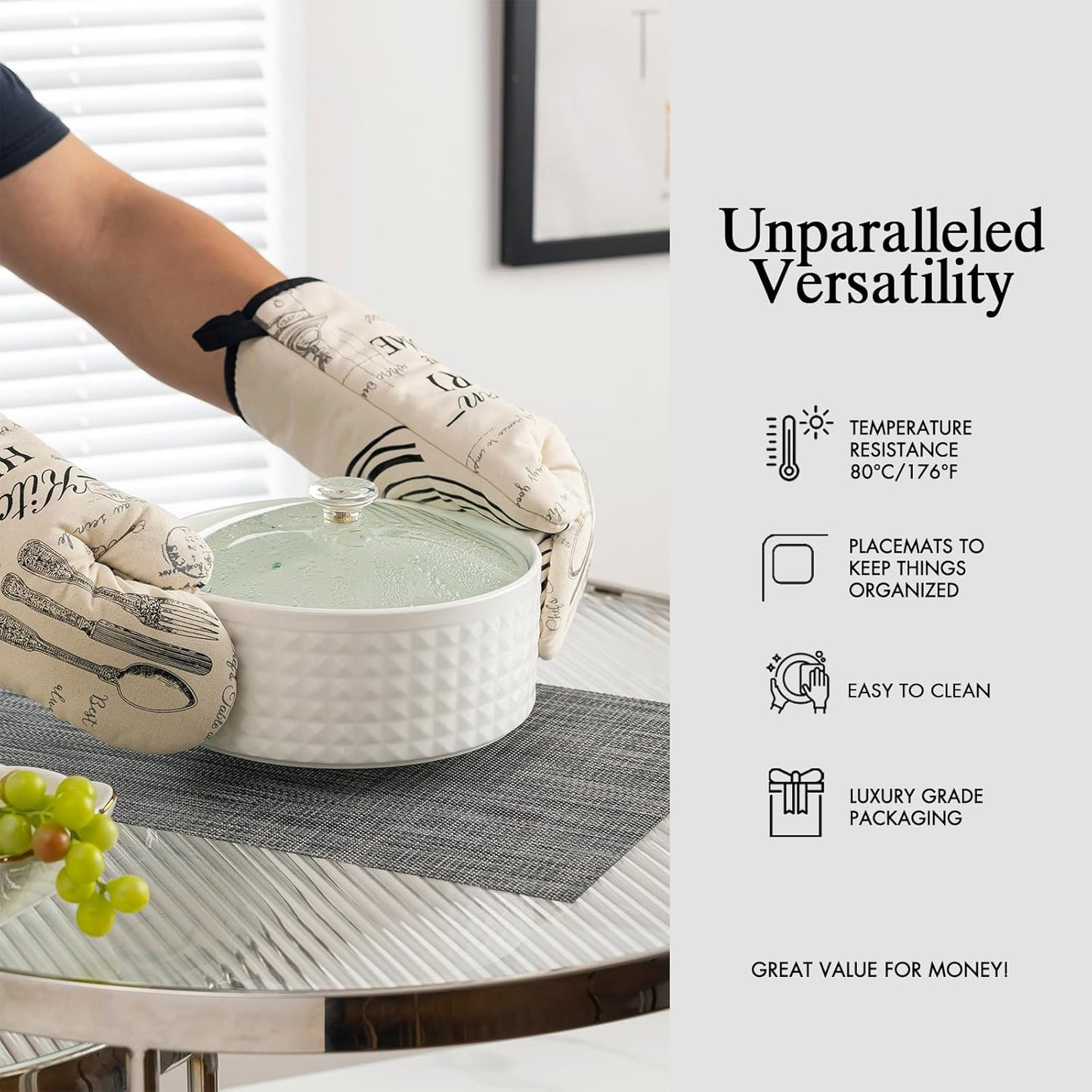 Placemat Set of 4 - Easy Clean Woven Vinyl Placemats for Dining Table, Indoor/Outdoor Place Mats, Washable PVC Table Mats（Dark Gray）