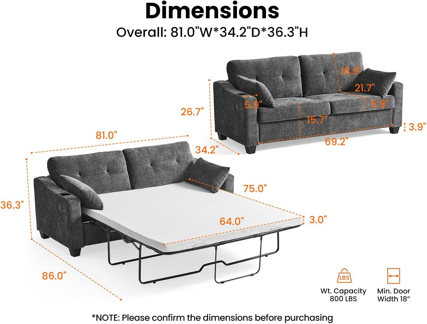 Pull Out Sofa Bed, Full Size Sleeper Sofa, 2-in-1 Convertible Corduroy Couch with USB Charging, Memory Form Couch for Living Room, Apartment and Small Space (Dark Grey, Chenille - Queen Size)