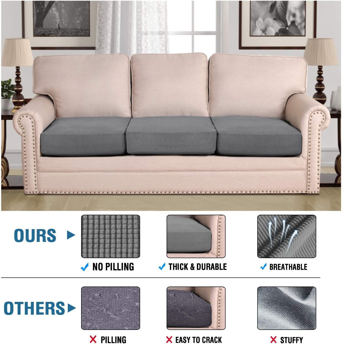 H.VERSAILTEX Super Stretch Individual Seat Cushion Covers Sofa Covers Couch Cushion Cover Slipcover Sets Thick Jacquard Textured Twill Fabric (3 Piece Sofa Cushion Covers, Grey)