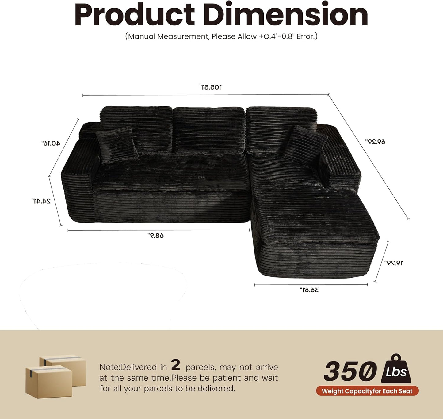 ovios 105” Modular Sectional Sofa with Thicken Seat Cushion, Cloud Couch with Deep Seat, Modern L-Shape Sofas Couches with Chaise,Upholstered Couches for Living Room Bedroom,Black