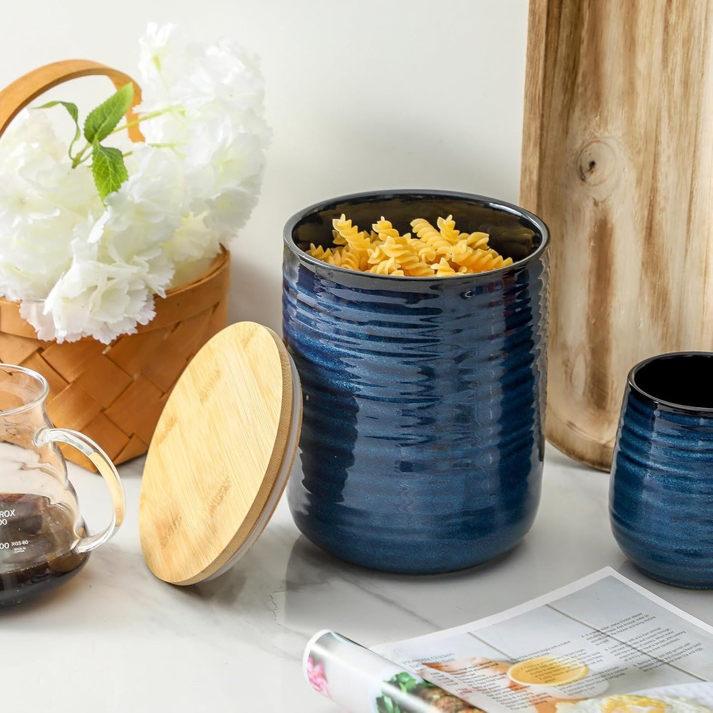 Hasense Ceramic Canister with Airtight Lid for Kitchen Counter, 80 Ounce Large Ceramic Food Storage Jar with Seal Ring for Serving Flour, Grain, Cereal, Pasta, Coffee, Sugar, Tea and Spice, Blue