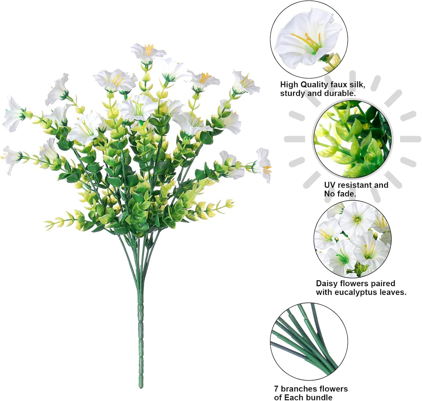 Artificial Flowers for Outdoors Fake Plants Outside Decoration, 12 Bundles Silk White Morning Glory UV Resistant Look Real Faux Flowers for Planter Front Door Porch Patio Yard Gardens Balcony