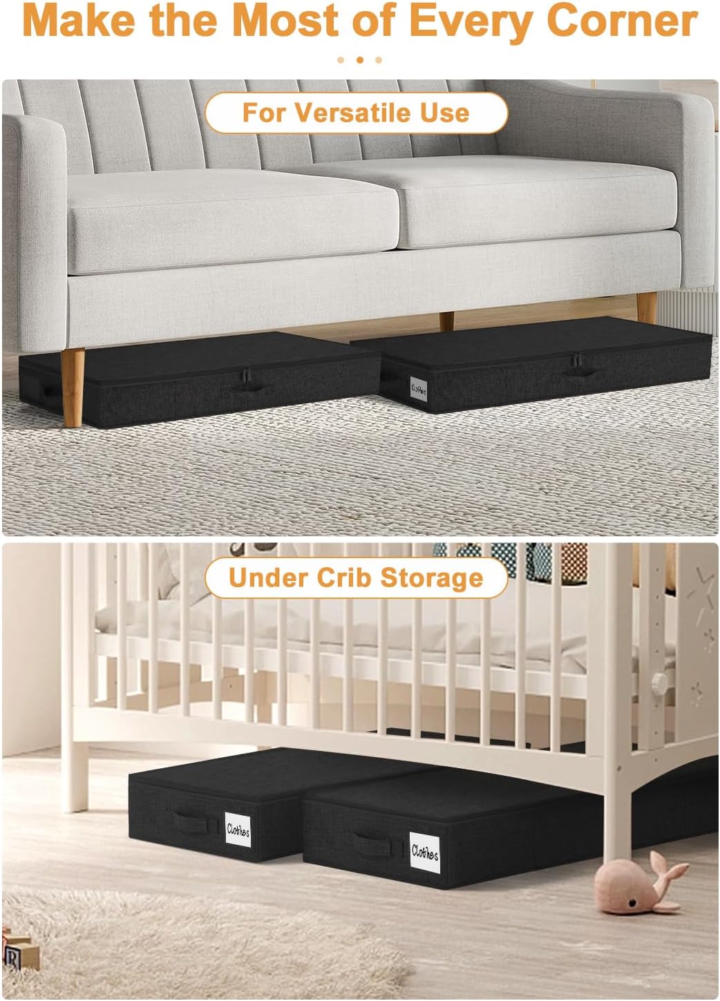 punemi Shallow Under bed Storage Container Bags, Low Profile Underbed Zipper Storage Bins W/Sturdy Side & Bottom Support,Fabric Thin Storage Drawer For College Dorm,33.5 x 15.8 x 4.5inch Black,4 Pack