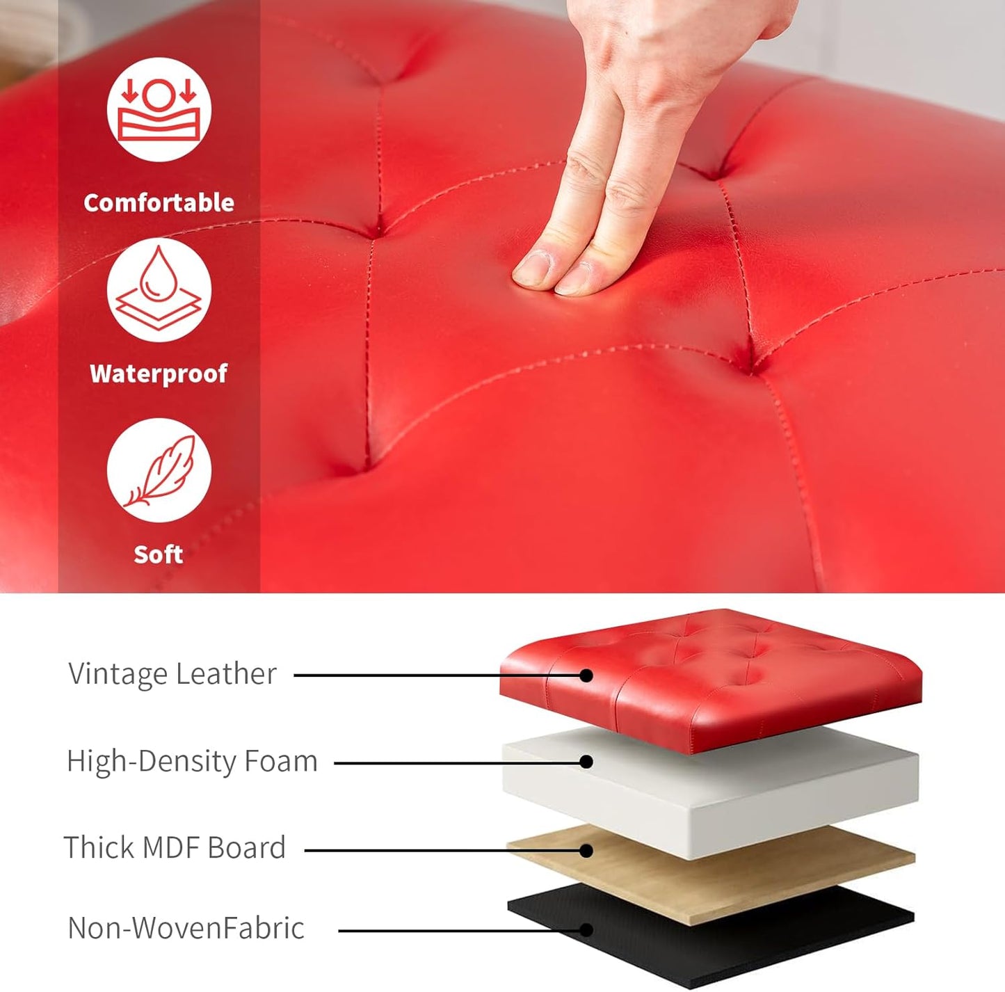 Joveco Leather Storage Ottoman, 24" Rectangle Square Bench Foot Rest Stool for Bedroom Living Room, Red