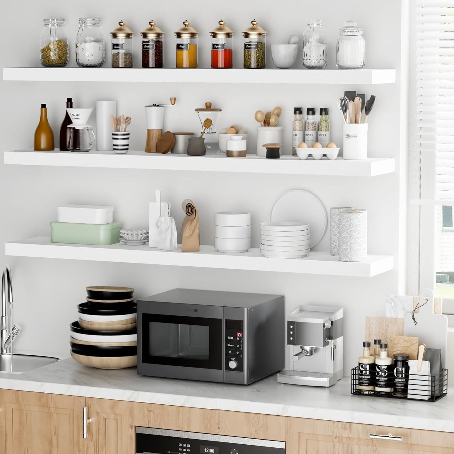 Fun Memories 55 Inch Floating Shelves - 9 Inch Deep Rustic Wooden Wall Shelves - Extra Deeper & Thicker Wall Mounted Storage Shelf for Living Room, Kitchen, Farmhouse - 55" W x 9" D x 1.8" H - White