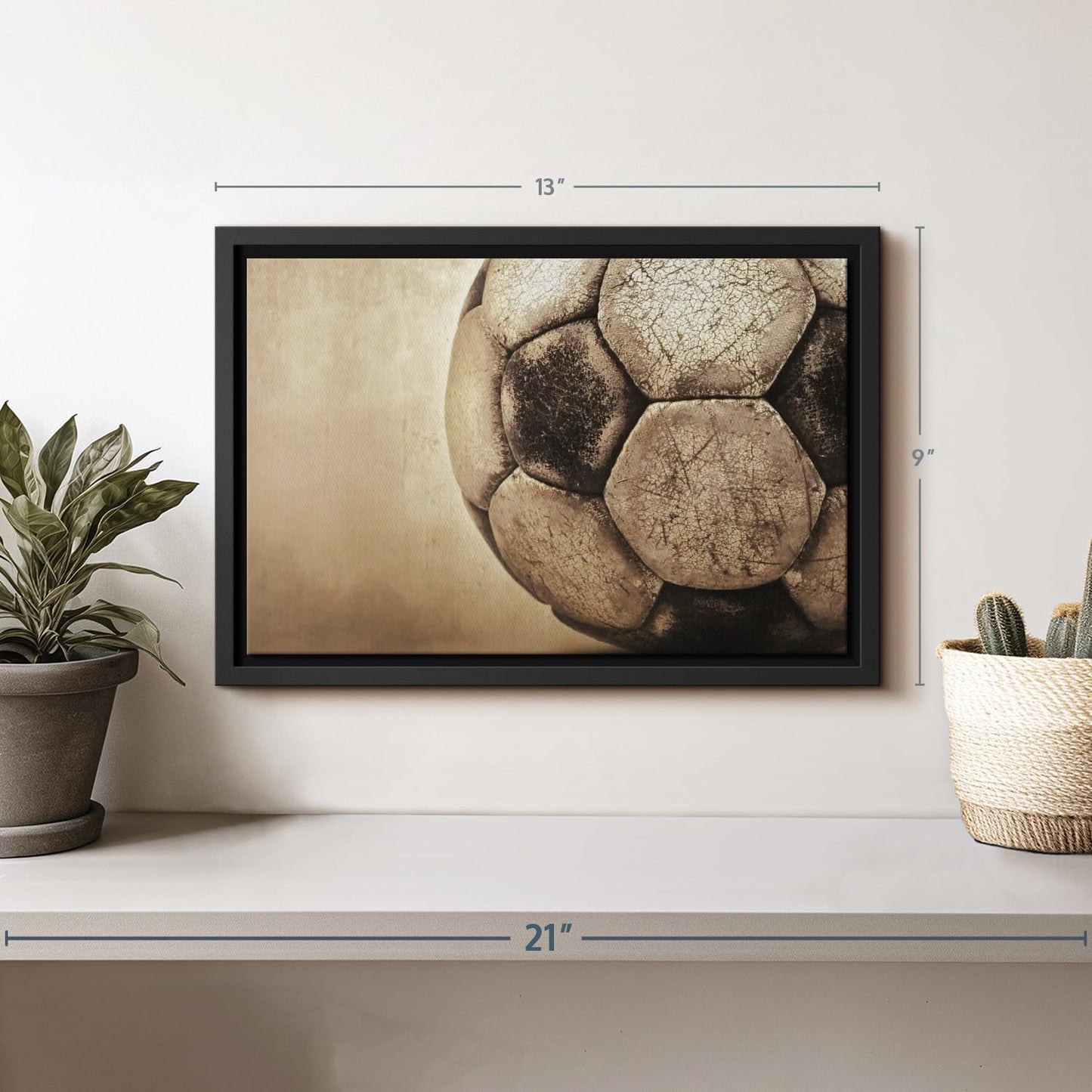 Elephant Stock Worn Soccer Ball Wall Art - Horizontal Framed Canvas - 1-Piece Living Room Wall Decor - Photography sports Canvas Print - Brown and Gray Decor for Wall - 13" X 9"