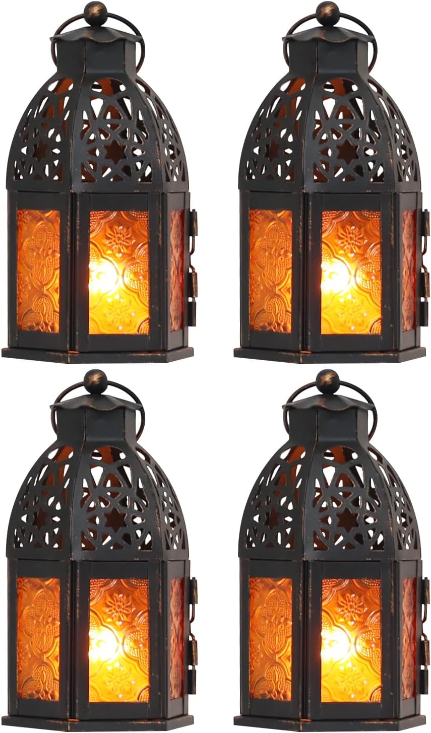 NEEDOMO Set of 4 Moroccan Candle Lantern, 9" Ramadan Lanterns Decorative Indoor Outdoor, Vintage Candle Holder for Chritsmas, Halloween, Table, Patio, Porch, Shelf, Ramadan Decorations (Amber)