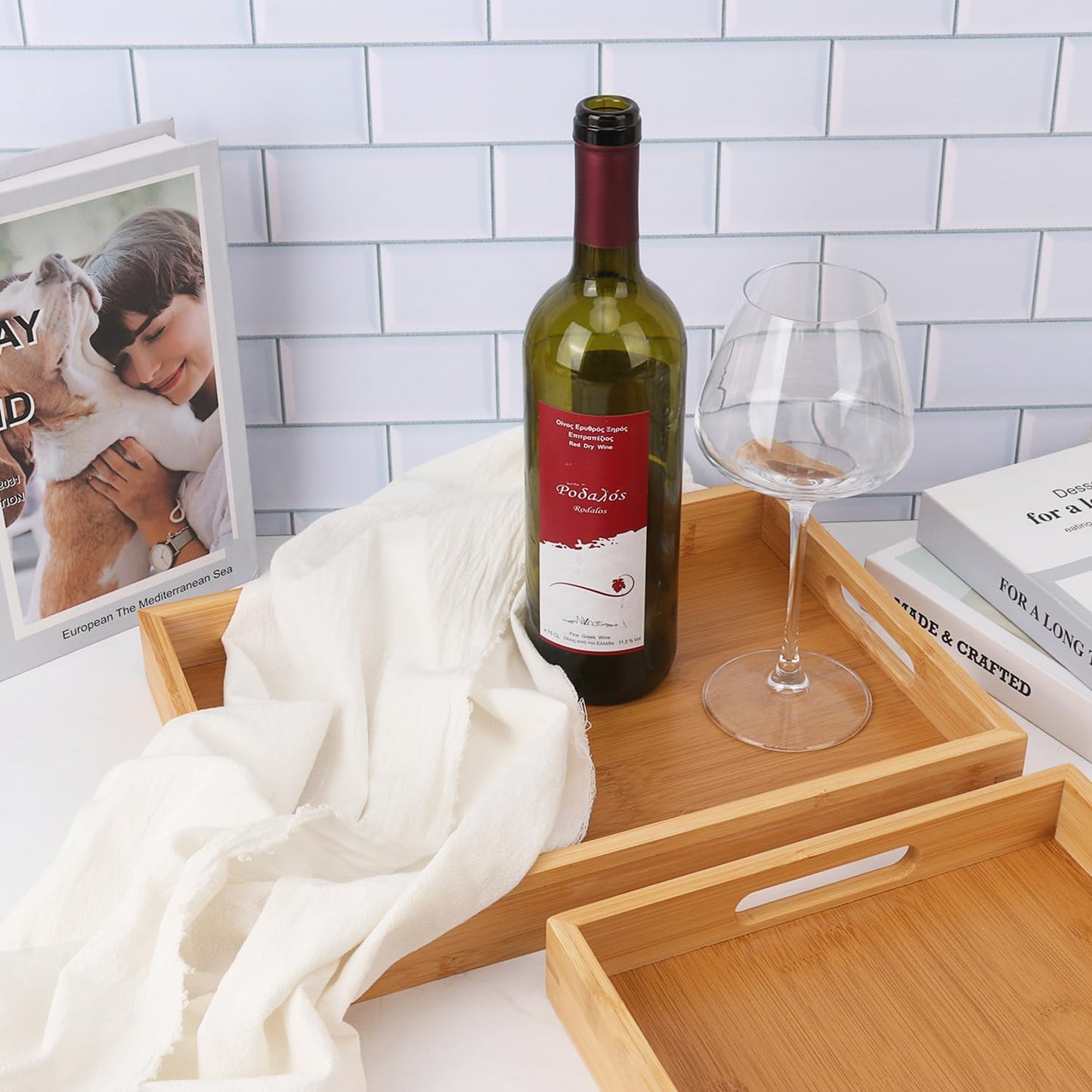 3 Pack Large Bamboo Serving Tray with Handles, 14 x 10 inch Wooden Dinner Tray, Home Kitchen Breakfast Trays for Living Room Bedroom Kitchen Dinner Table, Picnic