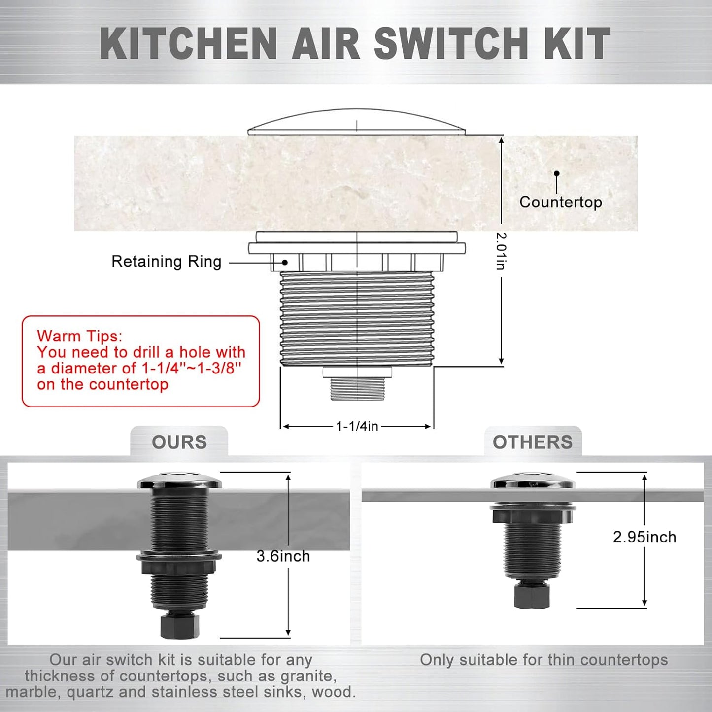 Garbage Disposal Air Switch Kit, Garbage Disposal Button, Sink Top Waste Disposer On/Off Switch, UL Listed Air Switch Compatible with All Garbage Disposals (Brushed Stainless Steel）