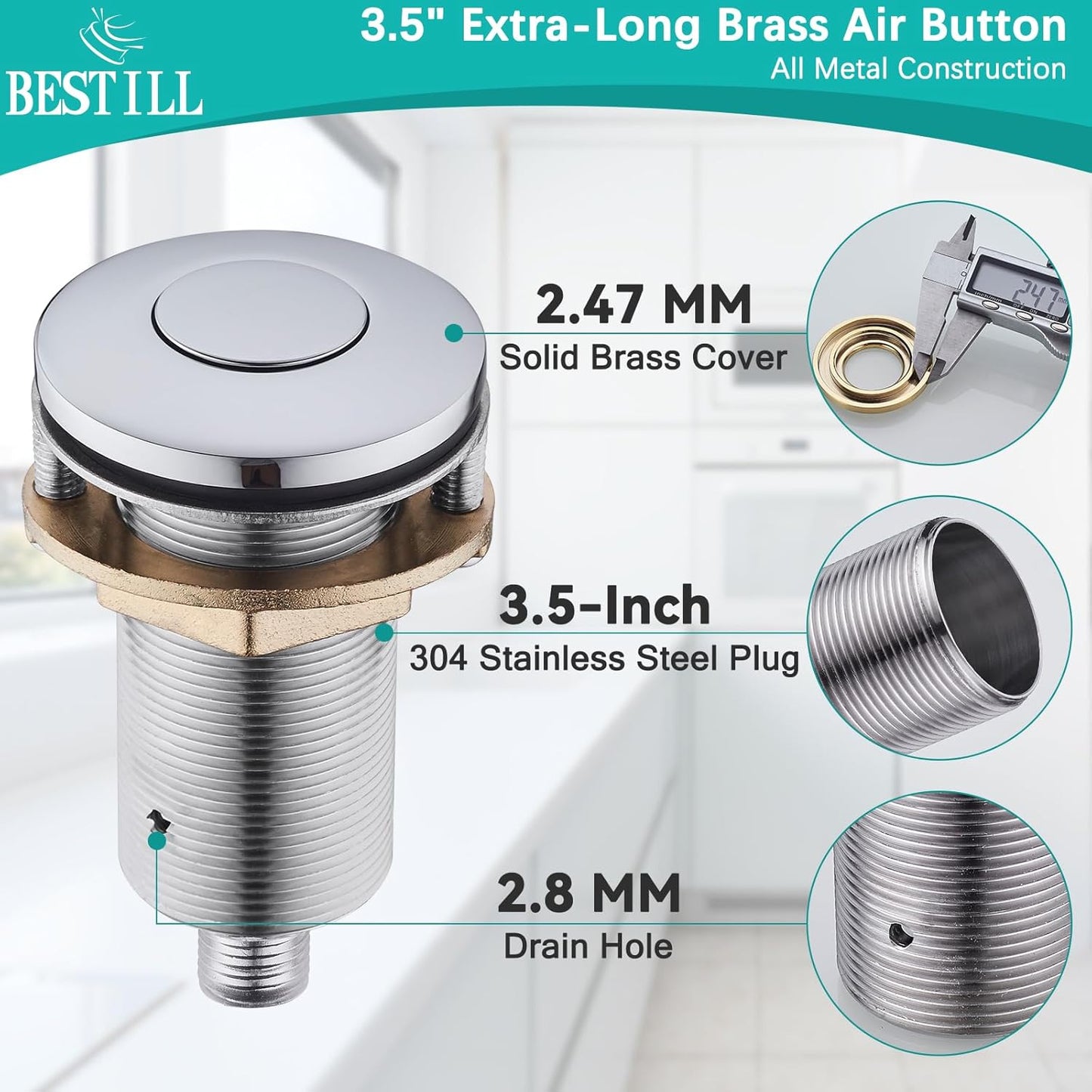 BESTILL Garbage Disposal Air Switch Kit - UL Listed, Brass 3.6" Long Push Button for Waste Disposer, Cordless Sink Top Switch Button, Polished Chrome, Compatible with all Garbage Disposals