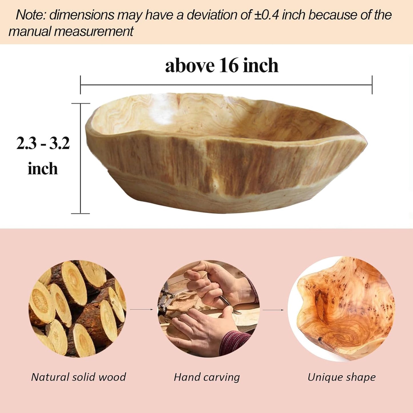 Wooden Bowl Decorative Natural Wood Fruit Bowl, Irregular Creative Wood Bowls, Rustic Hand Carved Candy Snack Keys Serving Bowls for Home Decor (Above 16" Diameter)