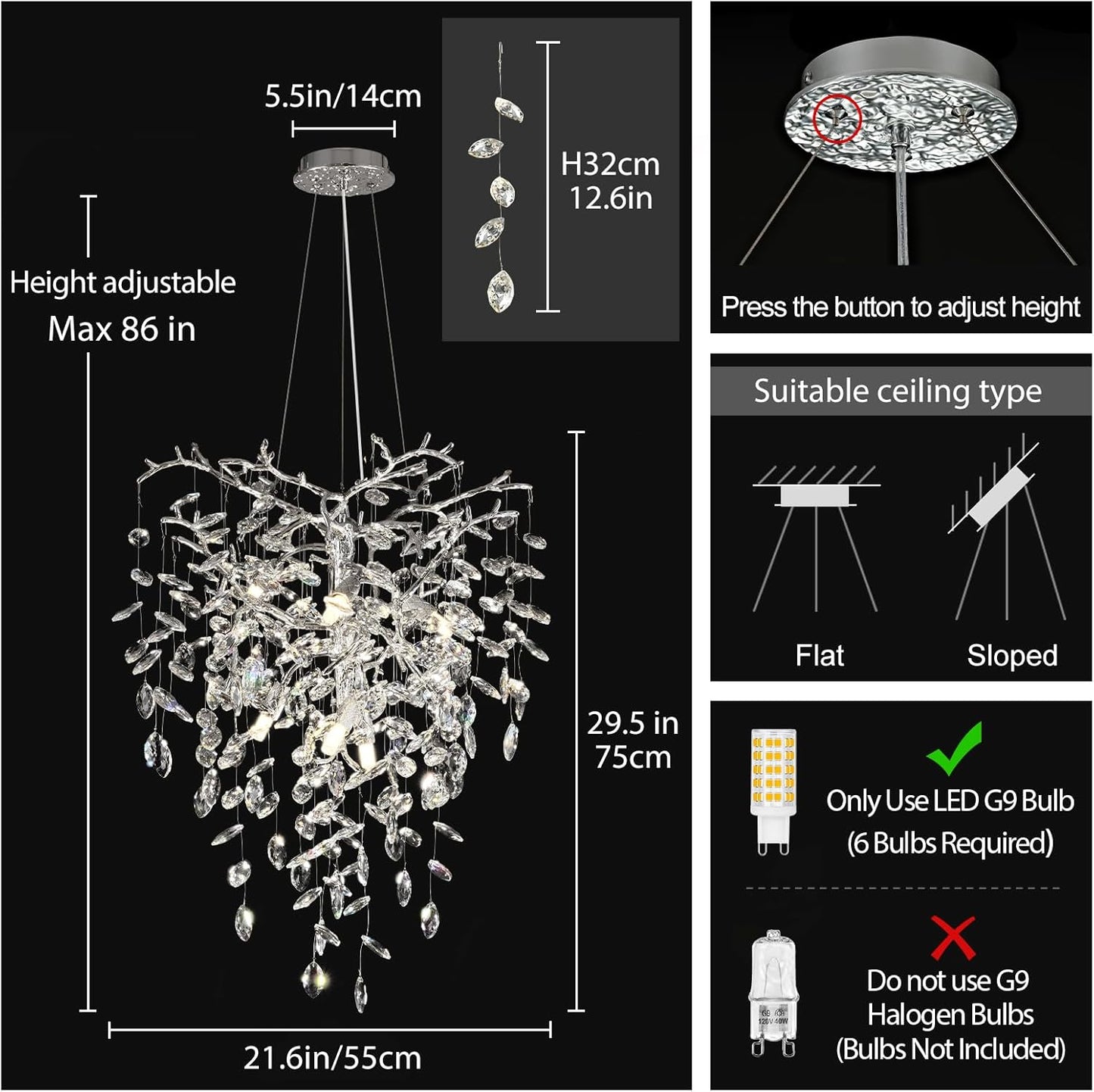 Silver Crystal Tree Branches Chandelier,21 Inchs 6 Lights Modern Round K9 Crystal Chandeliers for Dining Room, Bedroom, Living Room, Foyer,Kitchen Island,Bathroom