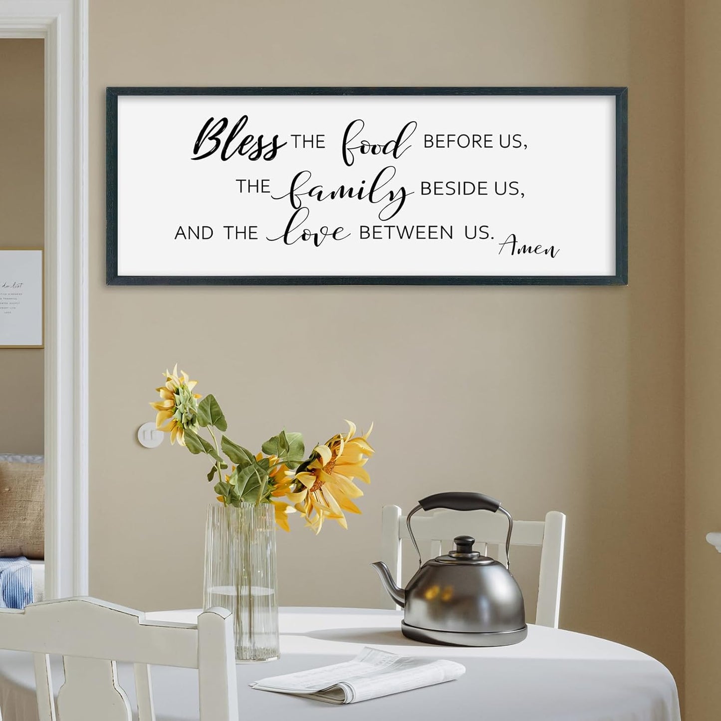 SRSZHIYUE Bless the Food Before Us Wall Sign Decor 32"×12" Christian Bible Verse for Farmhouse Rustic Kitchen Dining Room Framed Wood Scripture Religious Jesus Prayer Wall Art (Black)