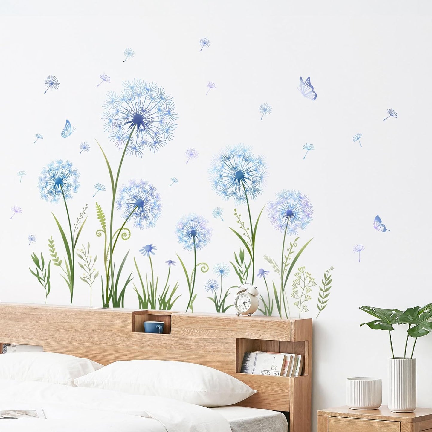 Dandelion Flower Butterfly Wall Decals Blue Dandelion Plants Floral Wall Stickers Peel and Stick Vinyl Wall Art Decor for Living Room Bedroom Office TV Sofa Backdrop Home Decor Gifts for Mom