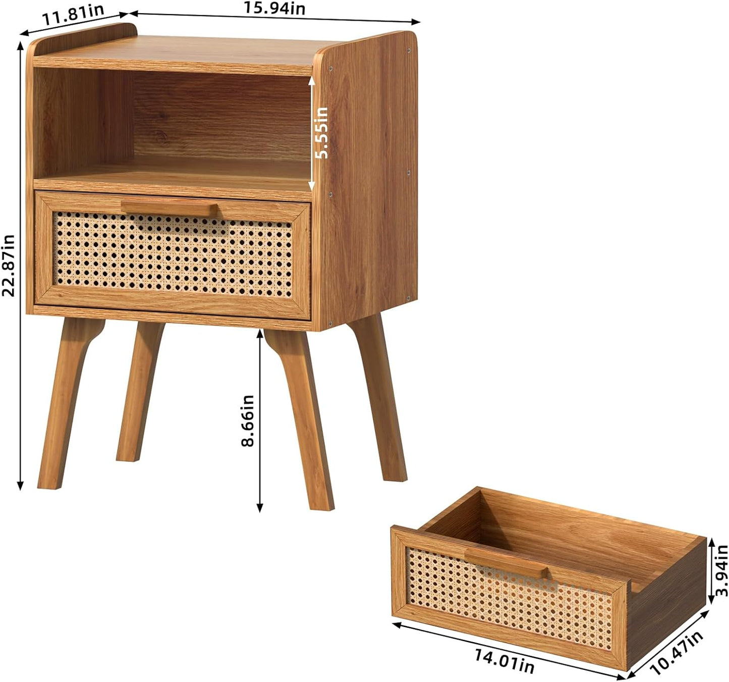 Lerliuo Rattan Nightstands Set of 2, Side Table with Drawer, Cane Accent Bedside End Table with Solid Wood Legs, Mid Century Modern Night Stand for Bedroom, Dorm and Small Spaces (Tea Brown)