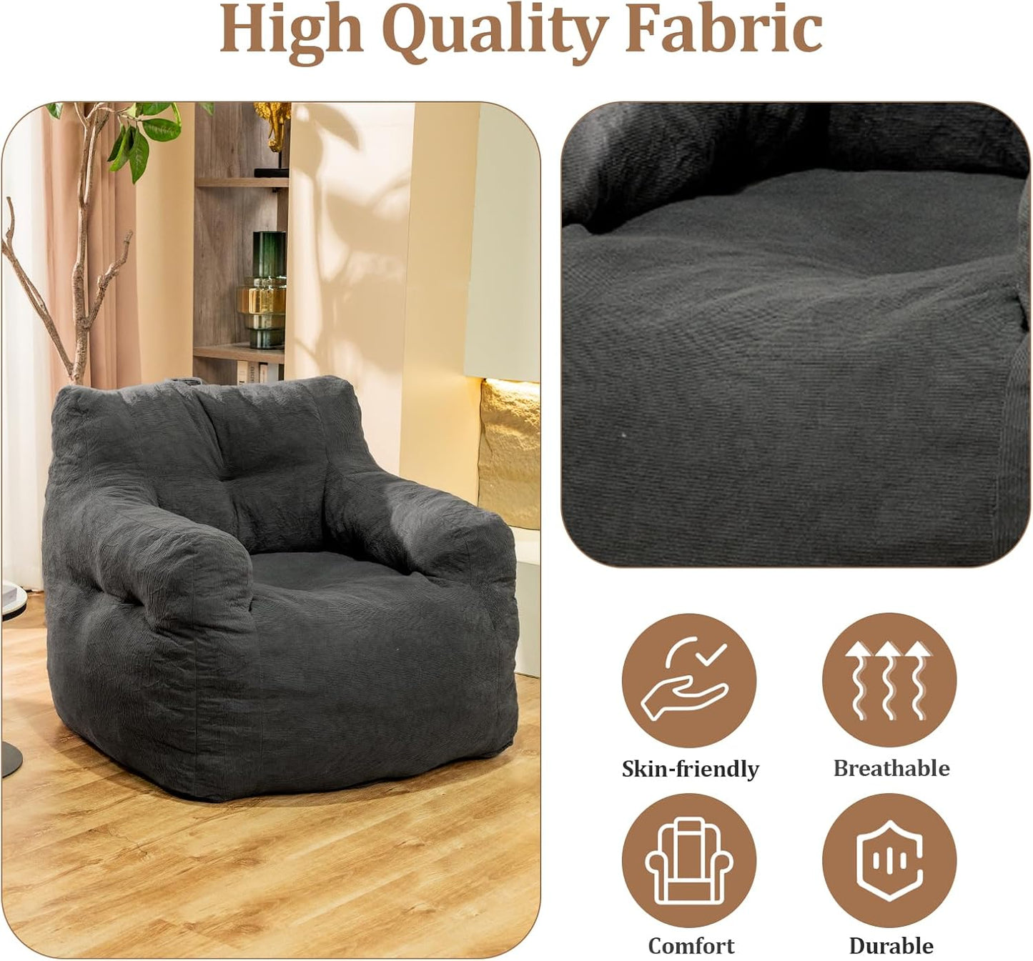 Bean Bag Chairs for Adults Ergonomic Support Reading Floor Sofa Chair with Filler Spacious (Grey) (Large)