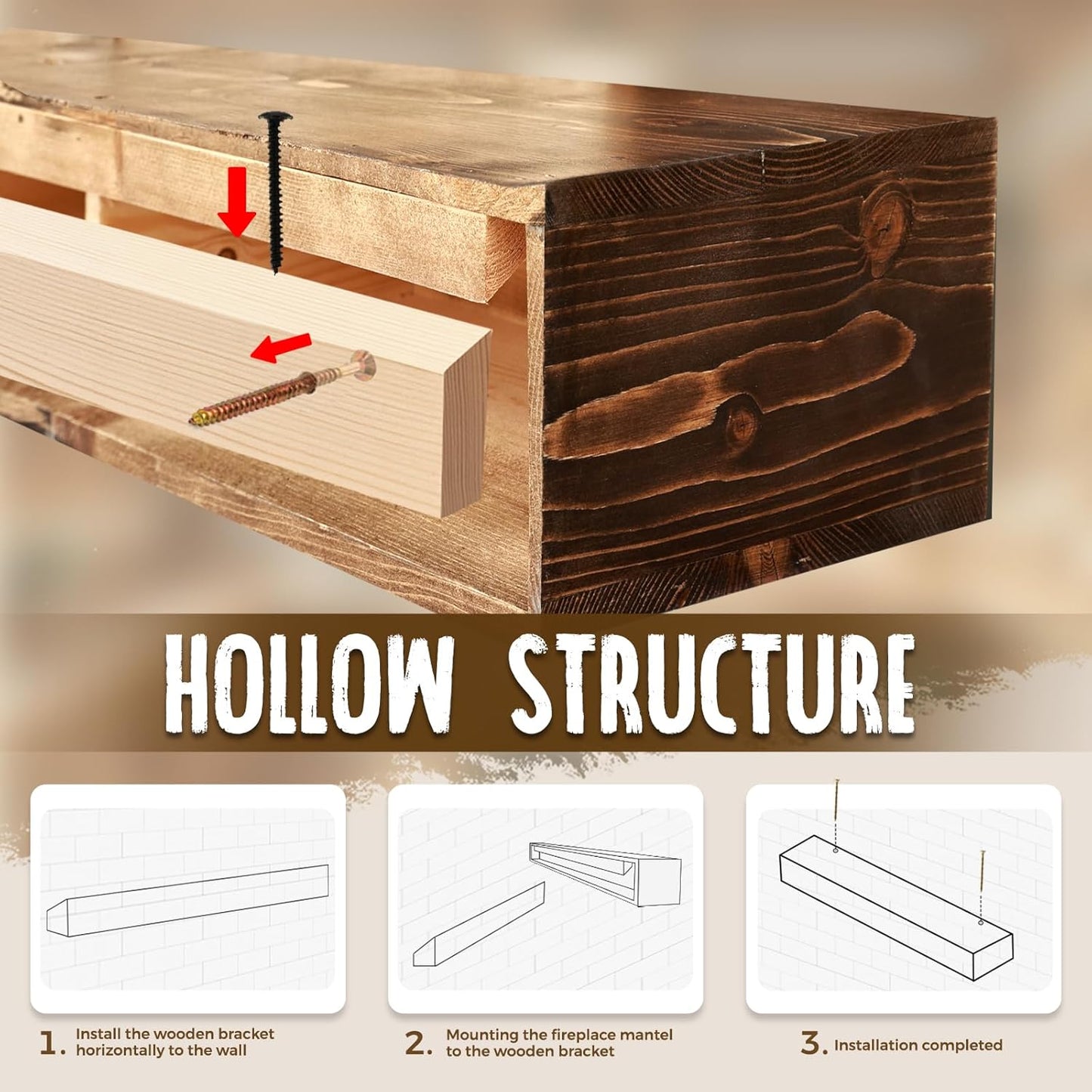 48x8x5 Fireplace Mantel - Handcrafted Hollow Rustic Solid Wood Wall Mounted Floating Shelf with Invisible Heavy Duty Wood Bracket (Weathered Brown)