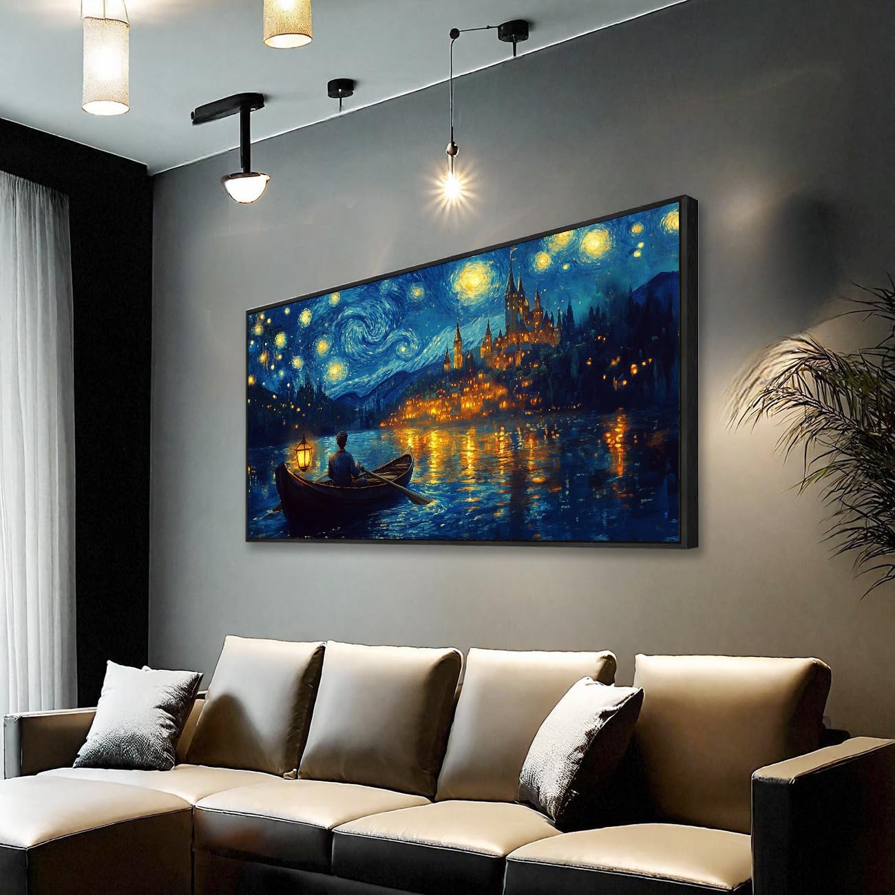 Wall Art Canvas Print Starry Night Over the Rhone by Van Gogh 24 x 48 inches Framed Home Artwork Decor Canvas Art Painting Living Room for Bedroom Office Wall Décor