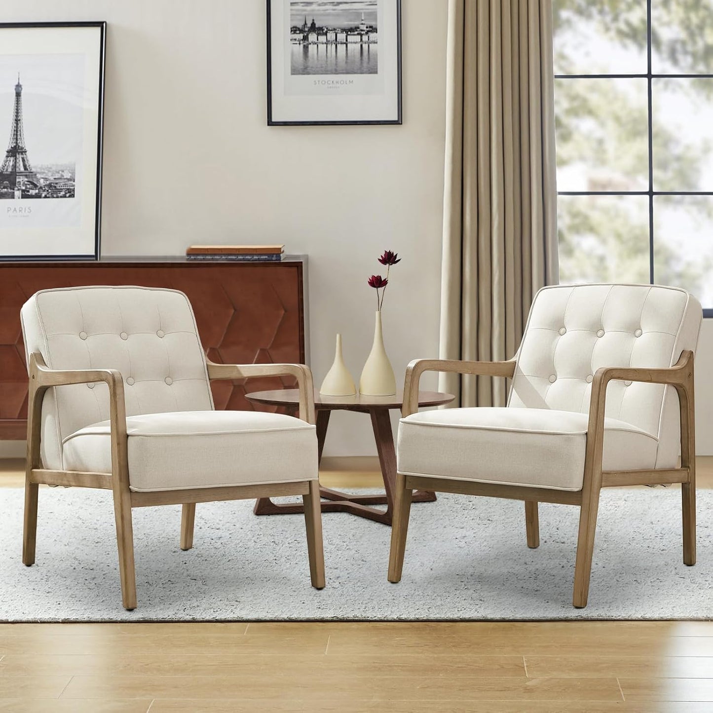 Linen Accent Chair Set of 2, Mid Century Modern Chair for Living Room, Upholstered Comfy Lounge Armchair with Solid Wood Frame, Reading Side Chair for Bedroom,105°Ergonomic Comfort, White