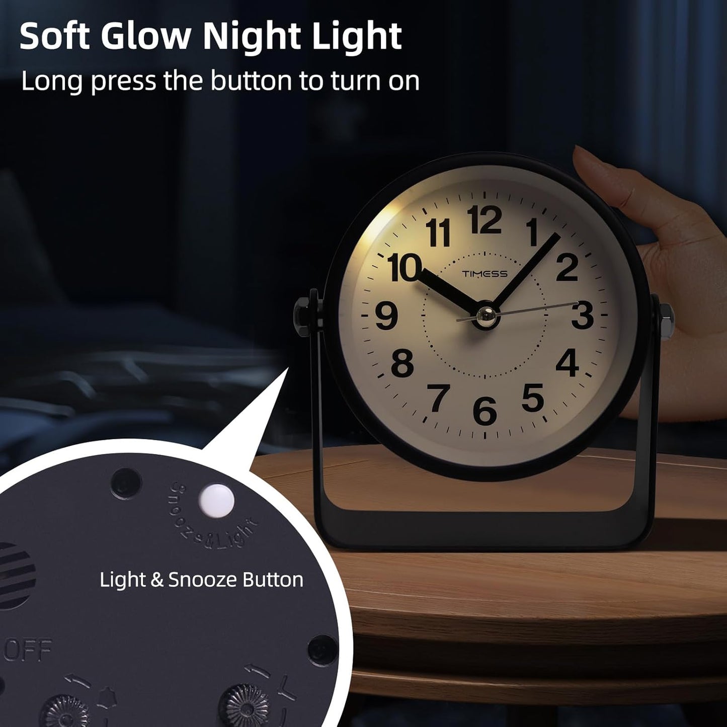 Analog Alarm Clock, Silent Non-Ticking Quartz Movement, Battery-Operated with Snooze & On-Demand Light, Easy to Set Gentle Wake Bedside Desk Clock, Ideal for Home, Travel, Office (Black)