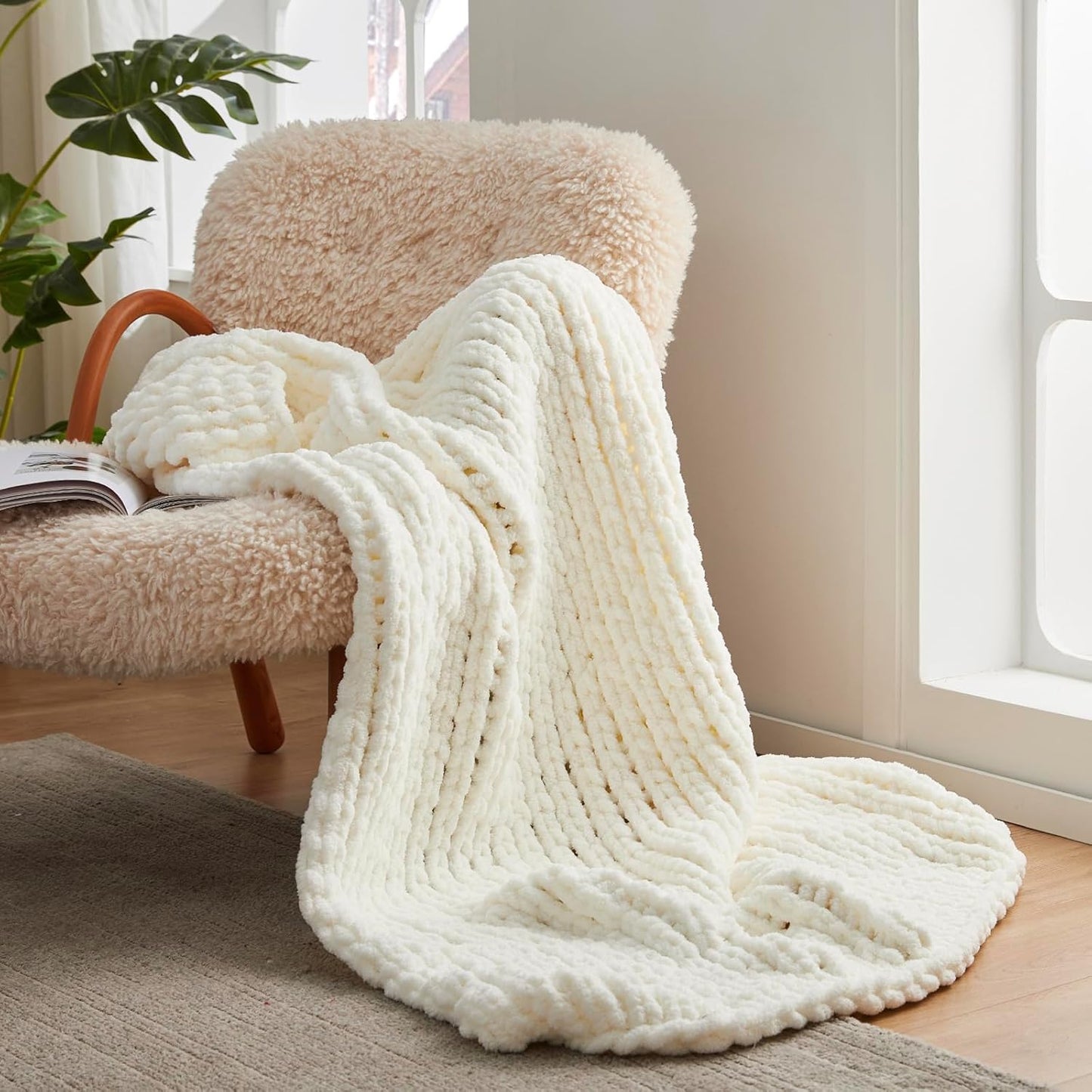 Amélie Home Chunky Knit Throw Blanket for Couch, Soft Chenille Crochet Blanket for Sofa, 50"x60", Ivory