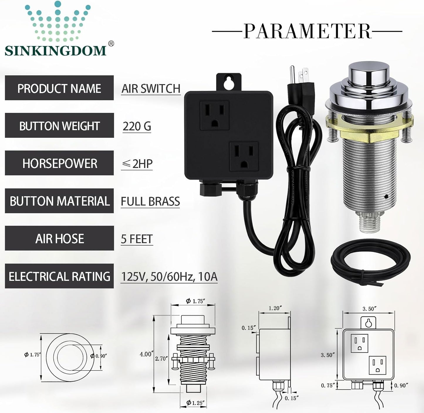SinkTop Air Switch Kit (Long Full Brass Button) for Disposal, Dual Outlet, (Chrome)