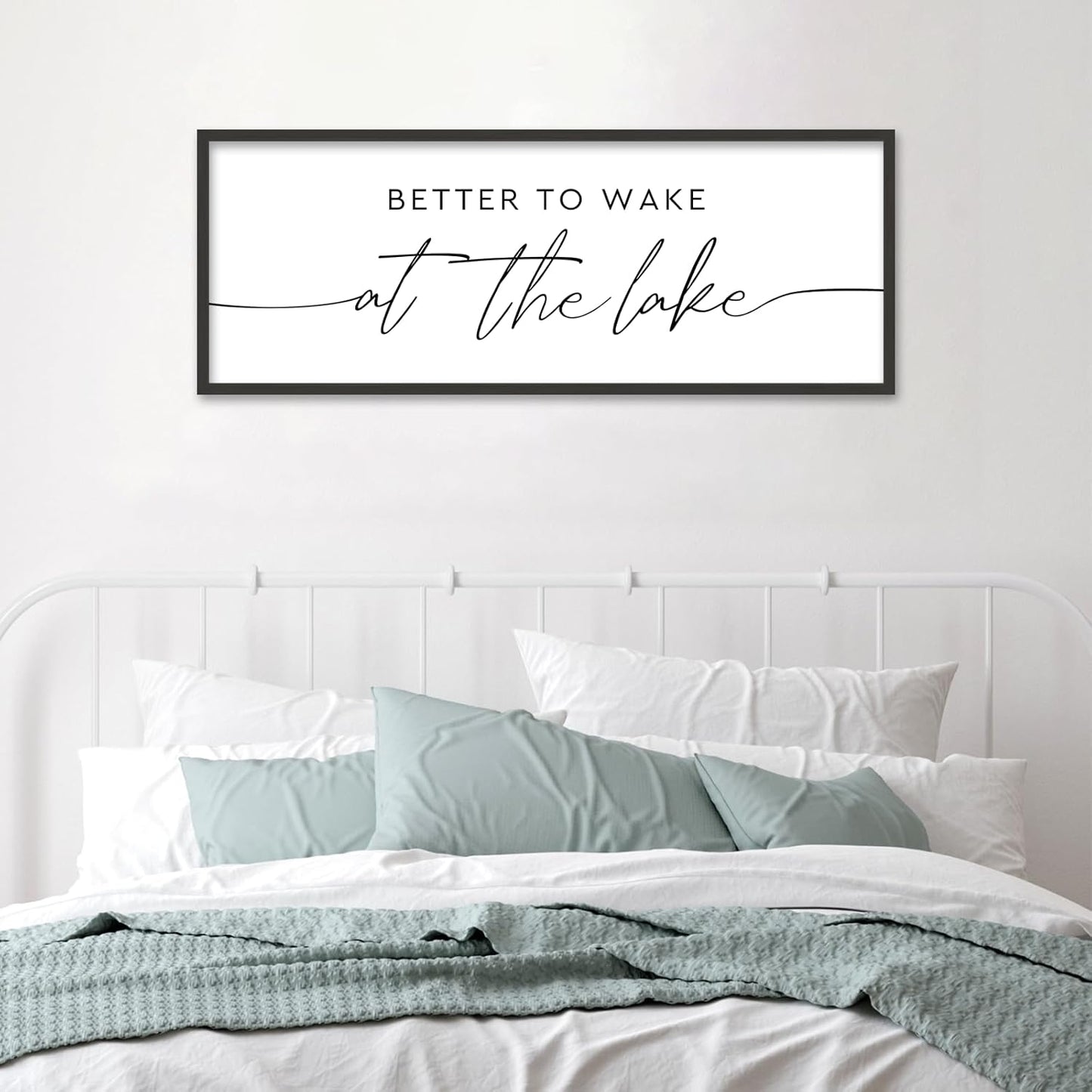 SRSZHIYUE Better To Wake At The Lake Wall Decor Above Bed Sign 32"×12" for Lake House Bedroom Over Bed Large Wood Framed Wall Hanging Art (Black)