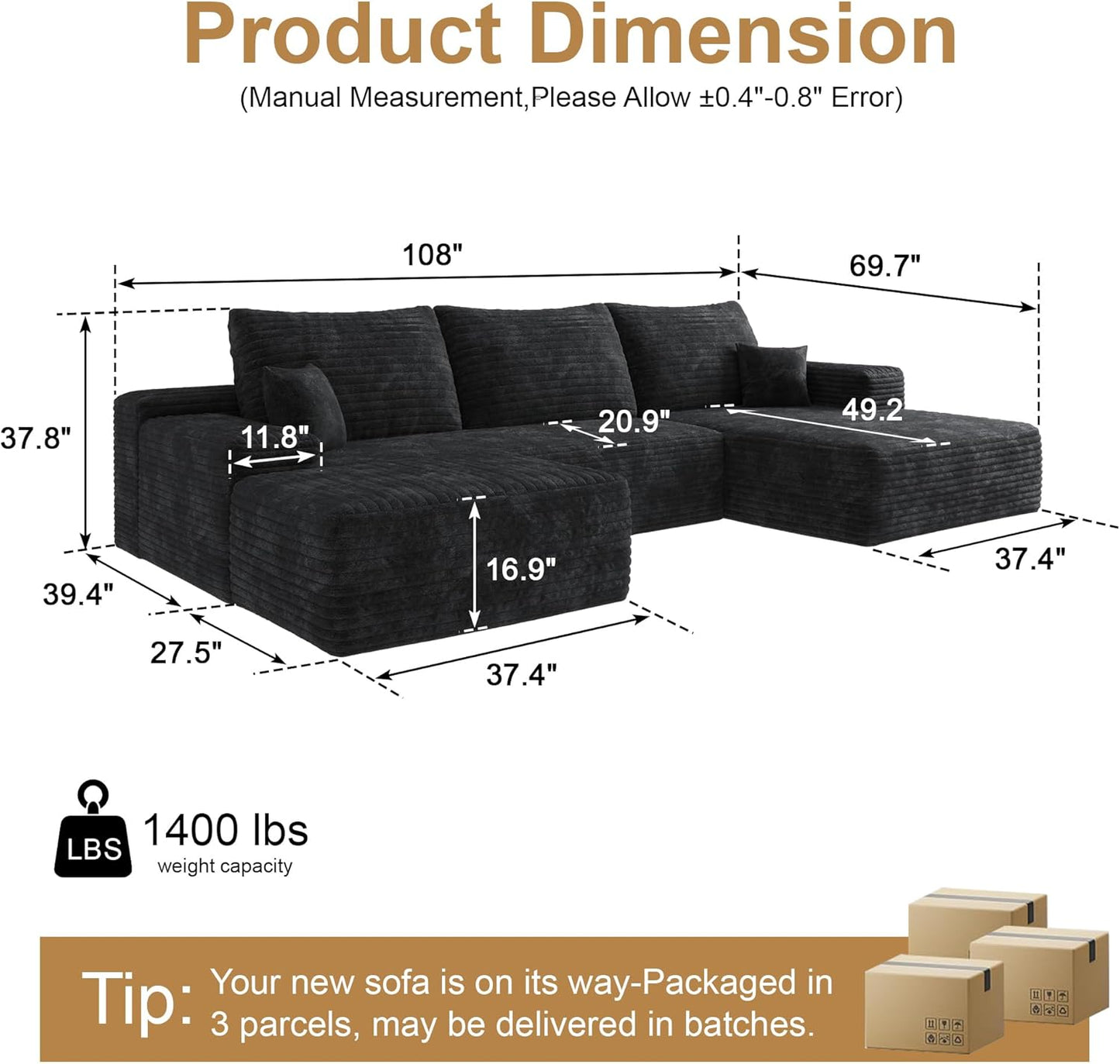 108" Sectional Couches for Living Room Modern Modular Sofa with L-Shape Couchs Upholstered Boneless Couch Deep Seat Sectional Couch with Chaise (Black, Right Facing Chaise+2Seaters+1Ottoman)