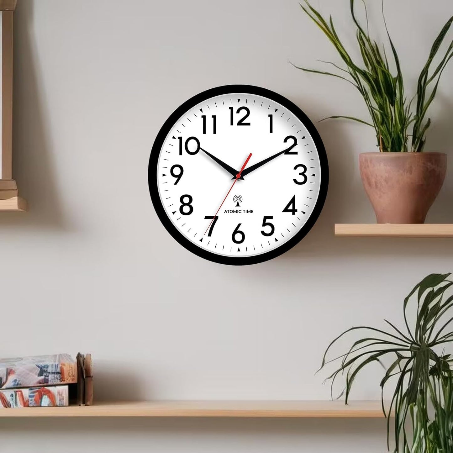 Atomic Wall Clock Analog 14 Inch Battery Operated Modern Decorative for Living Room Kitchen Office Bedroom Bathroom(Black)