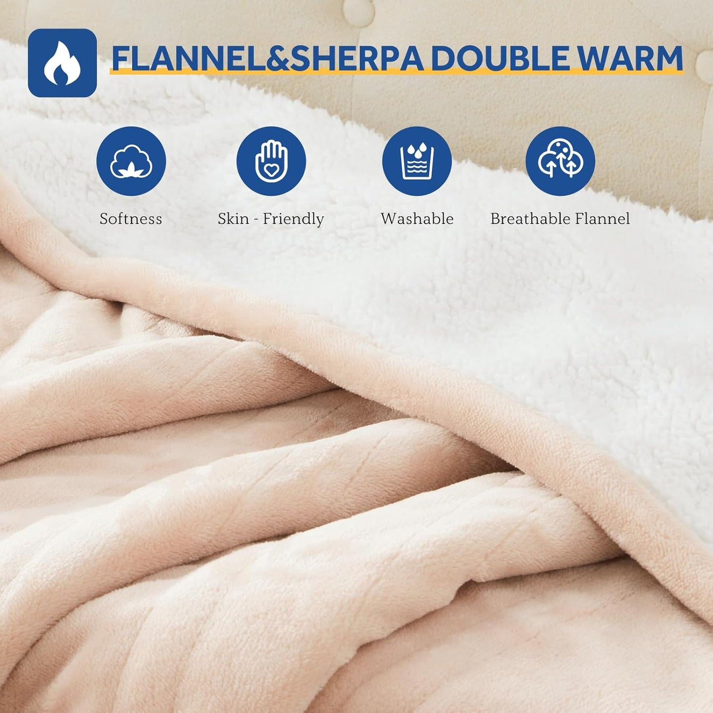 Sealy Electric Blanket Queen 84"*90",Super Cozy Flannel to Sherpa Reversible Heated Blanket Queen Size with 10 Heating Levels & 1-12 Hours Auto Off Overheating Protection Machine Washable,Beige