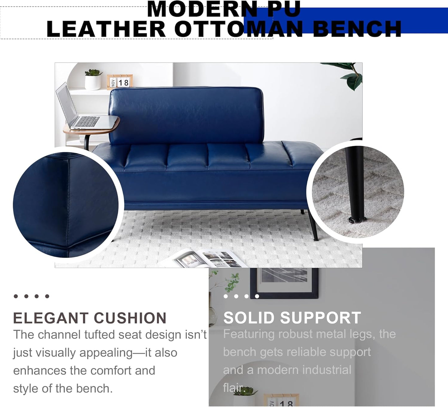 Sofa,Bed Bench,Small Spaces Furniture,Polyurethane Leather,Wood Frame,High Density Sponge Infillings,360-Degree Swivel Tray,Black Metal Leg (Blue)
