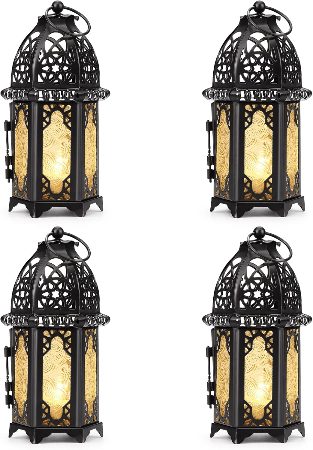 Metal Candle Holder 4PCS Transparent Glass Moroccan Style Hanging Lanterns Creative Wedding Home Tabletop Decoration Birdcage, Black