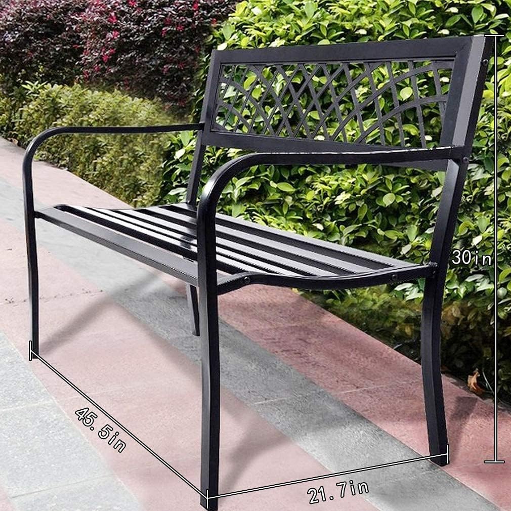 Garden Bench,Outdoor Benches,Iron Steel Frame Patio Bench with Mesh Pattern and Plastic Backrest Armrests for Lawn Yard Porch Work Entryway,Black