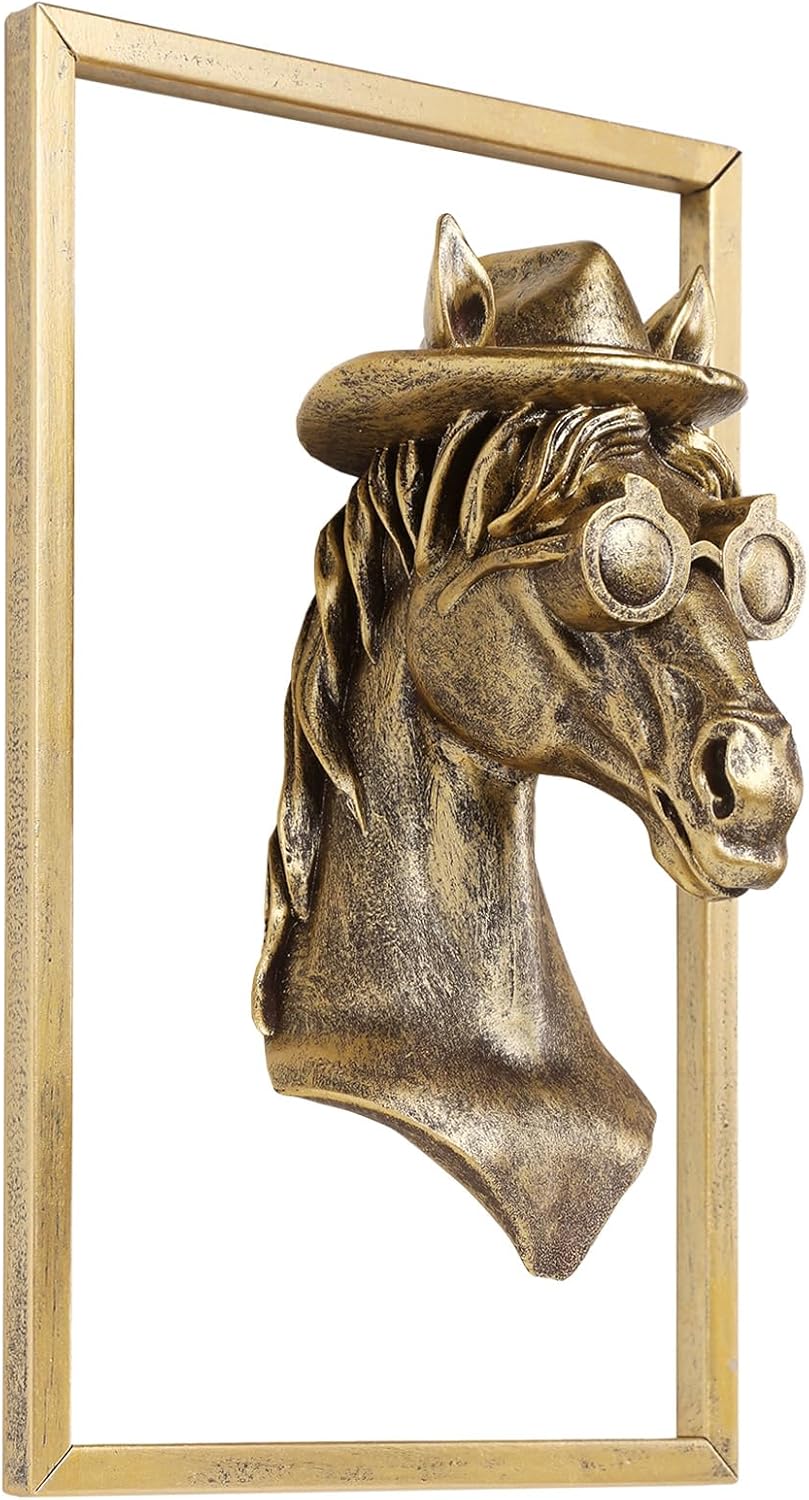 Animal Heads Wall Decor (Includes Metal Frame) Resin Animals Sculptures Head Wall Hanging Decoration Gold vintage Wall Sculpture for Living Room Bedroom Office(Horse)
