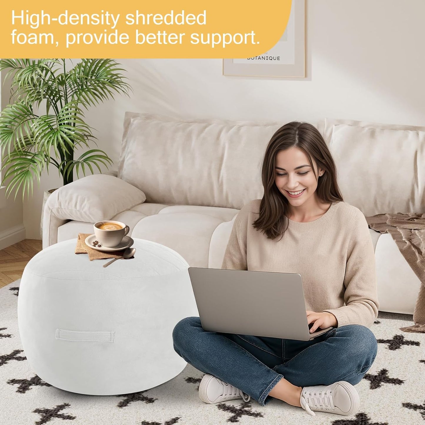 MeMoreCool Round Stuffed Pouf Ottoman Foot Rest, Floor Pouf Foot Stool with Soft Foam Chunk Filling, Small Round Ottoman Footstool Circle Footrest for Living Room, Off-White
