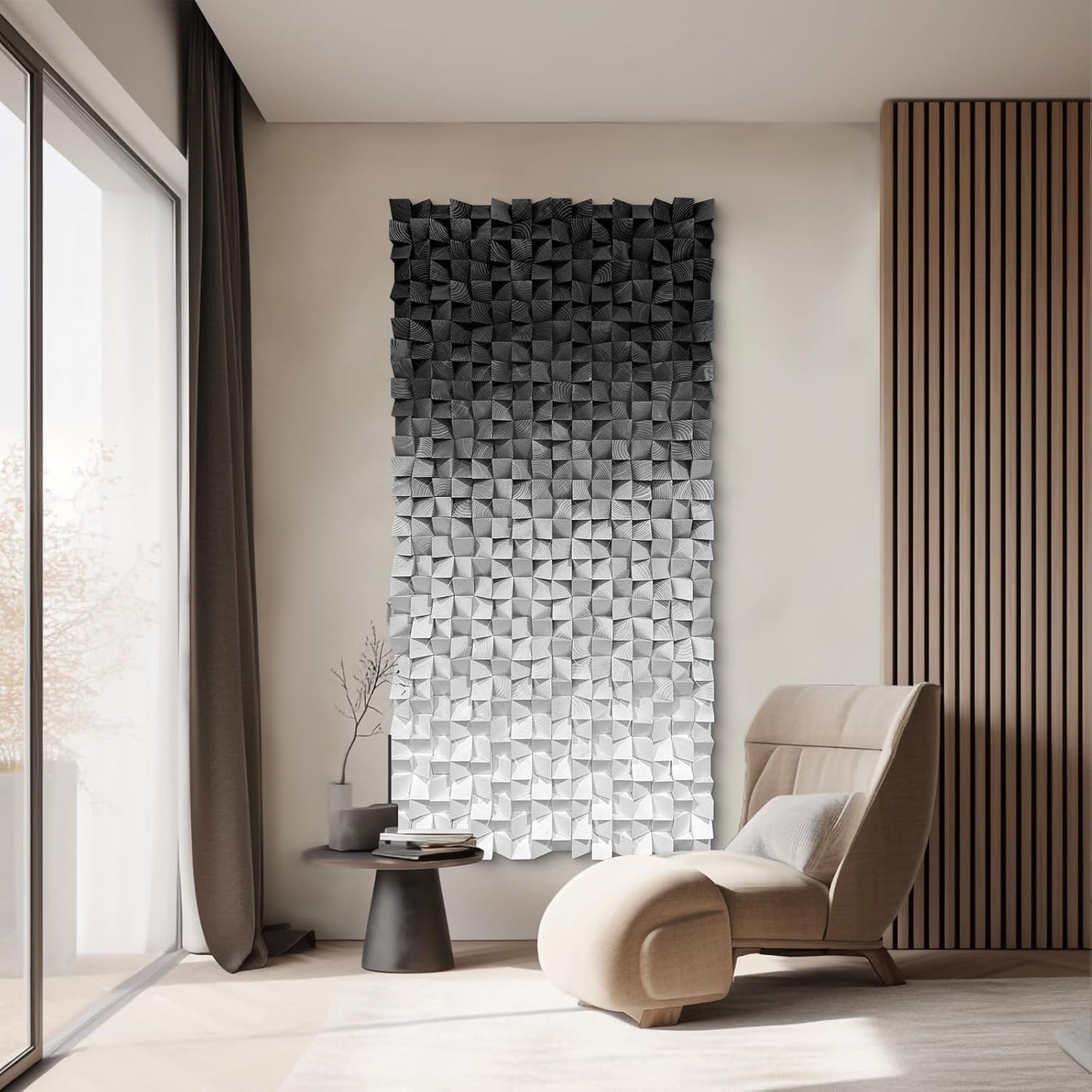 LIUZEYUE - Wooden Block Stereoscopic Painting Geometric Modeling Wall Decoration 3D Wooden Artwork Living Room Bedroom Background Wall Office Decoration Black and White Gradient 23.6 x 47.2 inches