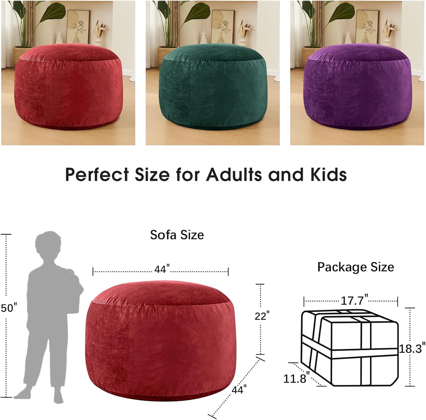 Bean Bag Chairs for Adults - Memory Foam Furniture BeanBag Chair - Kids/Teens Sofa with Soft Micro Fiber Cover - Round Fluffy Couch for Living Room Bedroom College Dorm - 4 ft, Red