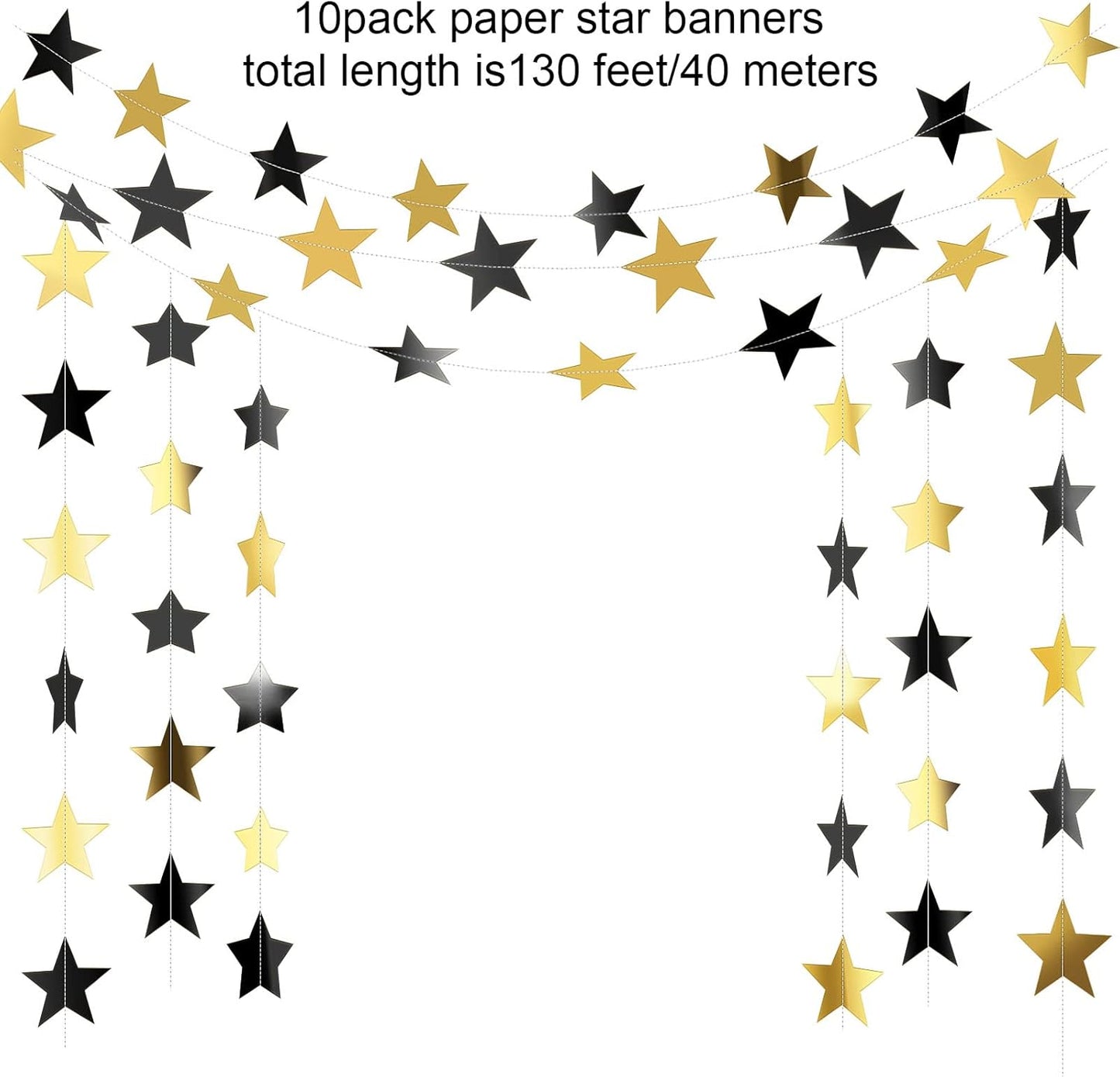 Patelai Glitter Star Garland Banner Decor 130 Feet Star Hanging Bunting Banner Twinkle Backdrop for Homecoming Classroom Wedding Birthday Halloween Christmas Party Supplies(Black, Gold)