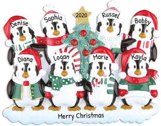 Penguin Family of 8 Ornament 2025 Personalized Family Christmas Ornaments 2025 | Snowy Xmas Tree Holiday Penguins Personalized Tree Ornaments for Grandchildren Siblings & Grandkids of Eight Ornament