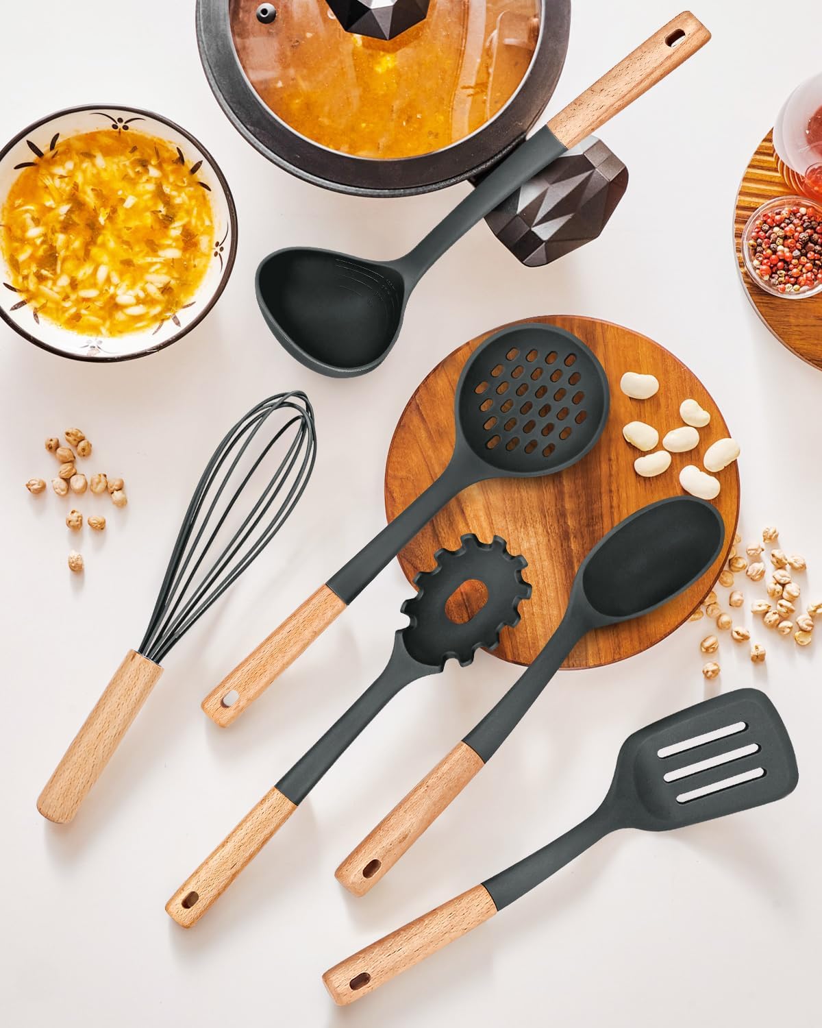 Kitchen Utensils Set, 13PCS Silicone Cooking Utensils, Heat Resistant Kitchen Utensil Spatula Set for Nonstick Cookware, Wooden Handles Kitchen Gadgets Tools Set