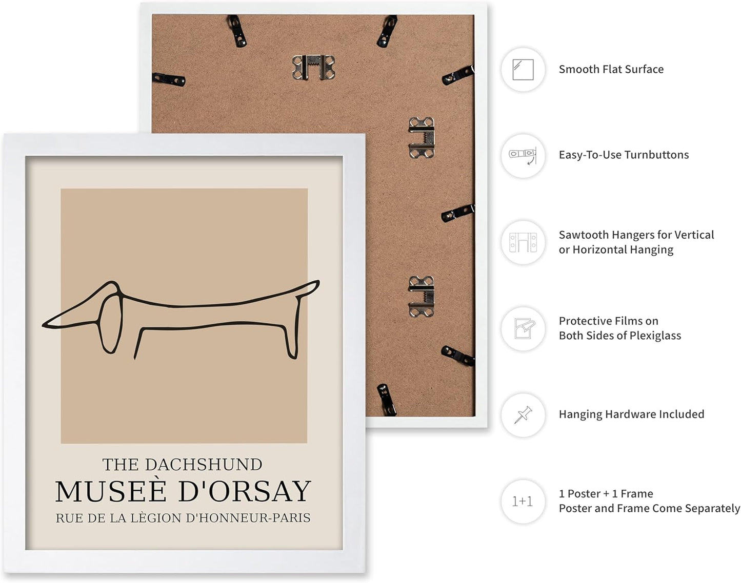 Poster Master Vintage Poster - Retro Minimalist Print - Gift for Artist, Housewarming - Dachshund Dog, Line Drawing, Abstract - Wall Decor for Living Room, Bedroom, 8x10 White Framed