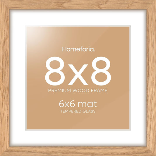 Homeforia 8x8 Picture Frames Wood, High-End Natural Oak 8 x 8 Square Frames with Mat 6 by 6 inch Photo, 8by8 Light Wooden Frames Matted to 6x6 Print, Tabletop Frame, Tempered Glass, Wall Kit, Set of 1