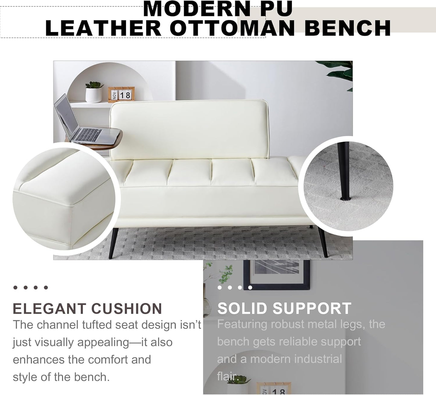 Sofa,Bed Bench,Small Spaces Furniture,Polyurethane Leather,Wood Frame,High Density Sponge Infillings,360-Degree Swivel Tray,Black Metal Leg (Beige)