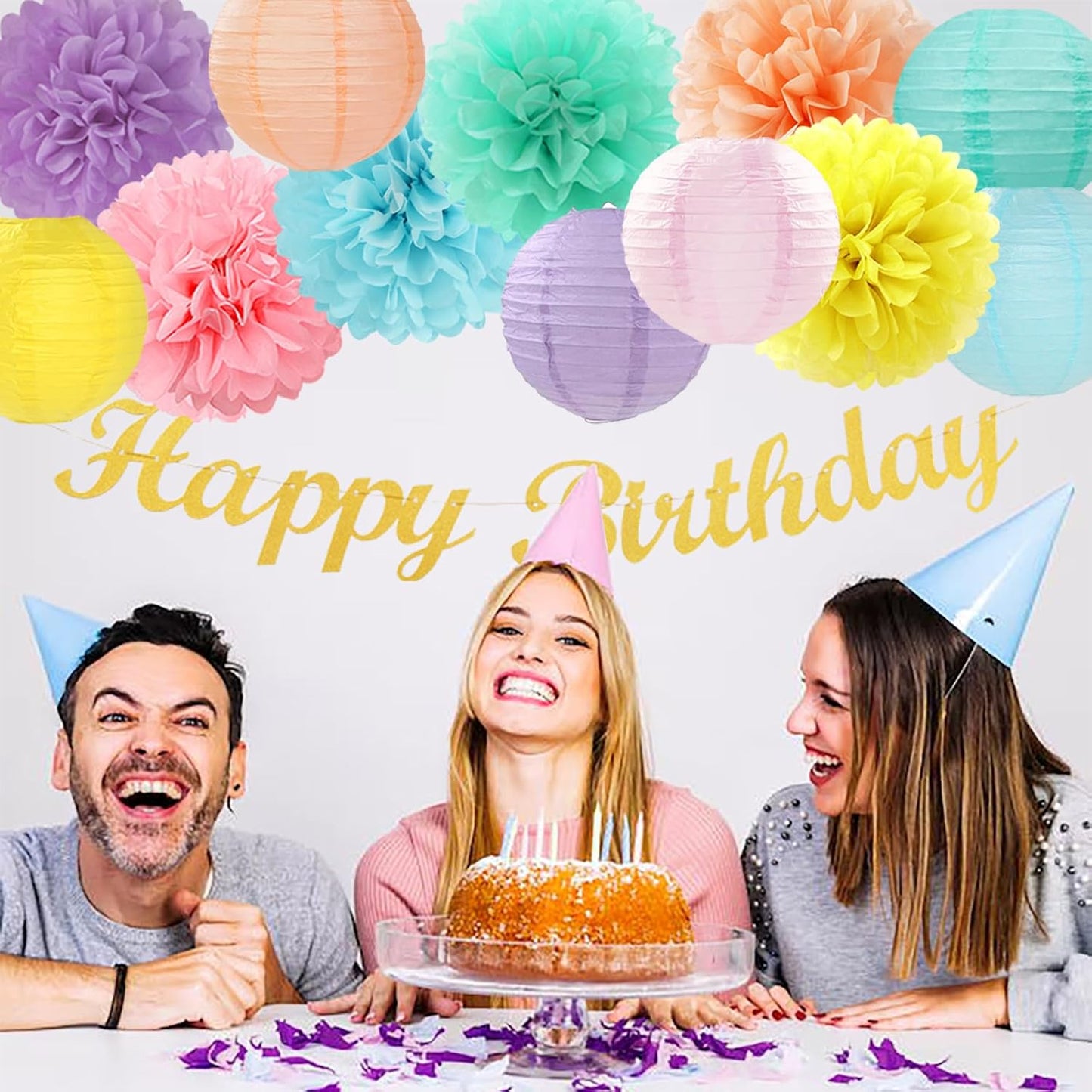 Pastel Rainbow Colorful Party-Decorations Paper Flowers Lanterns - 15PCS Birthday Classroom Baby Shower Tissue Pom Poms Streamers, Macaron Carnival Theme Hanging Supplies Decor Hugfond