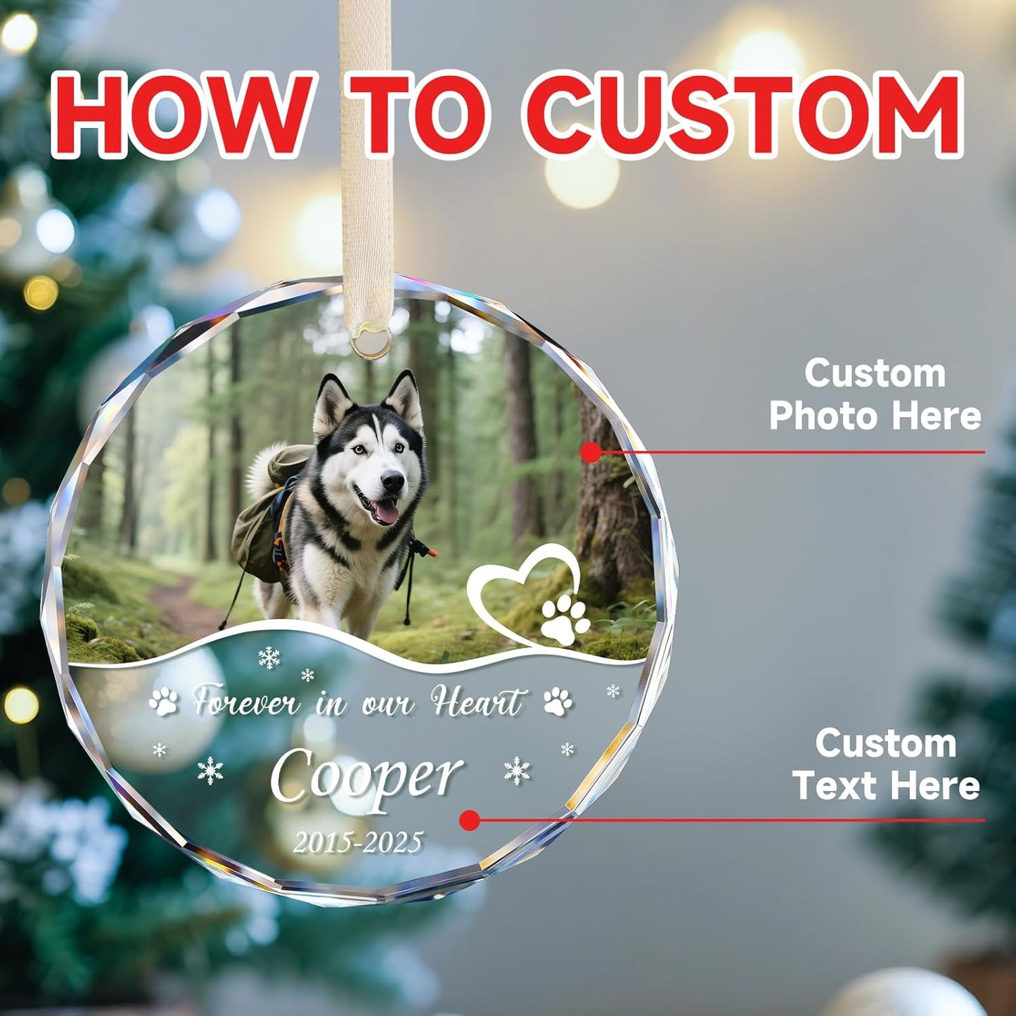 Personalized Pet Memorial Ornament - Custom Photo, Name & Dates - Forever in Our Hearts Glass Crystal Keepsake Ornaments - Dog Memorial Gifts for Loss of Dog, Cat